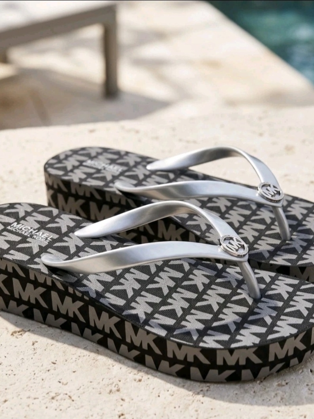 Michael Kors Black & Silver MK Logo Platform Flip Flops